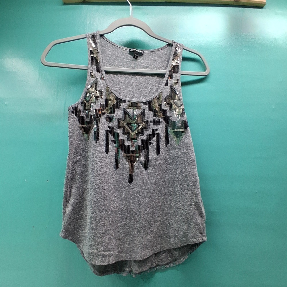 Express Sequin Tribal Tank Top XS Gray Boho Festival Sleeveless Scoop Neck
